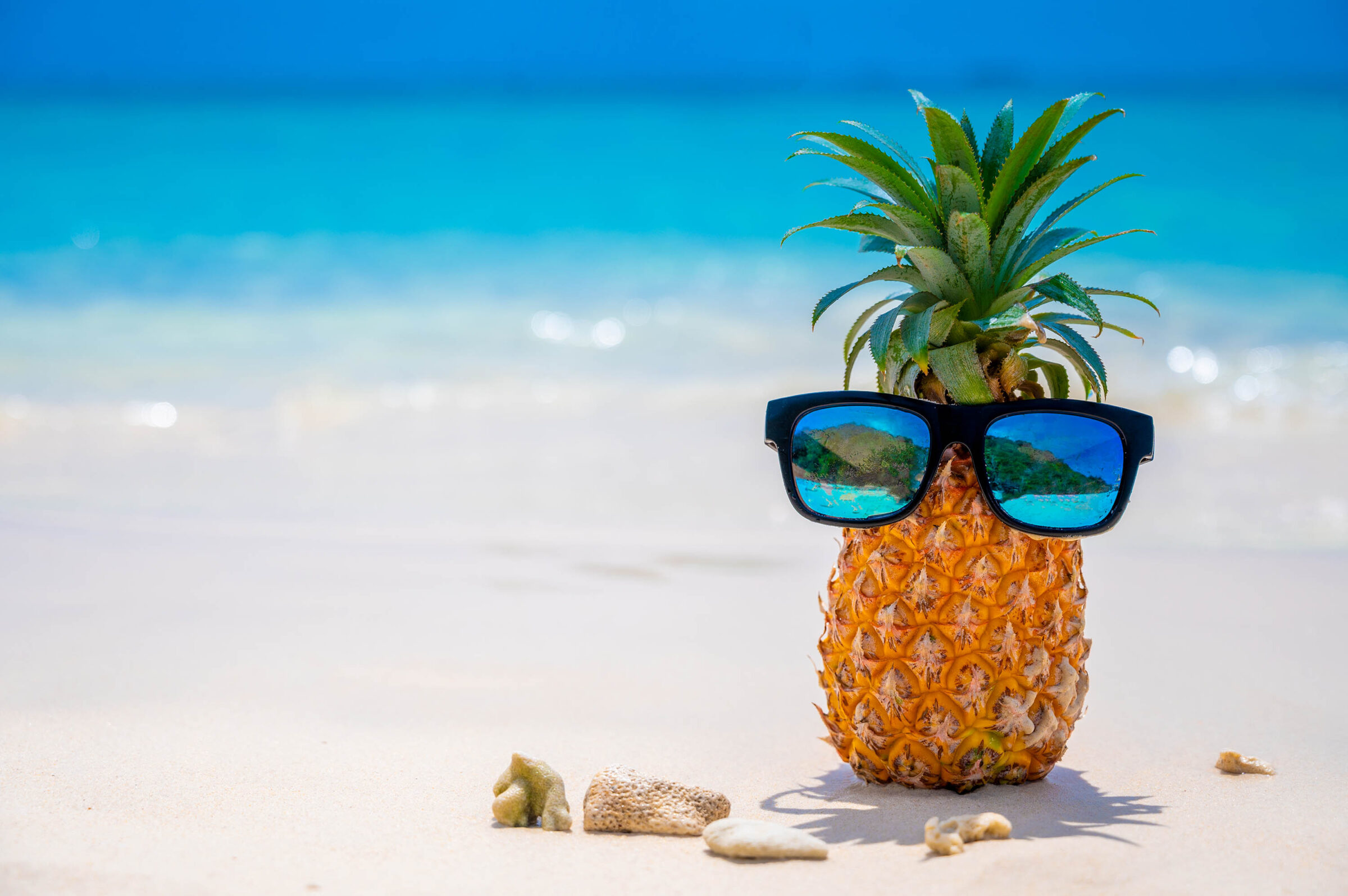 Glasses Pineapples Are Located On The Beach By The Sea In The Ho